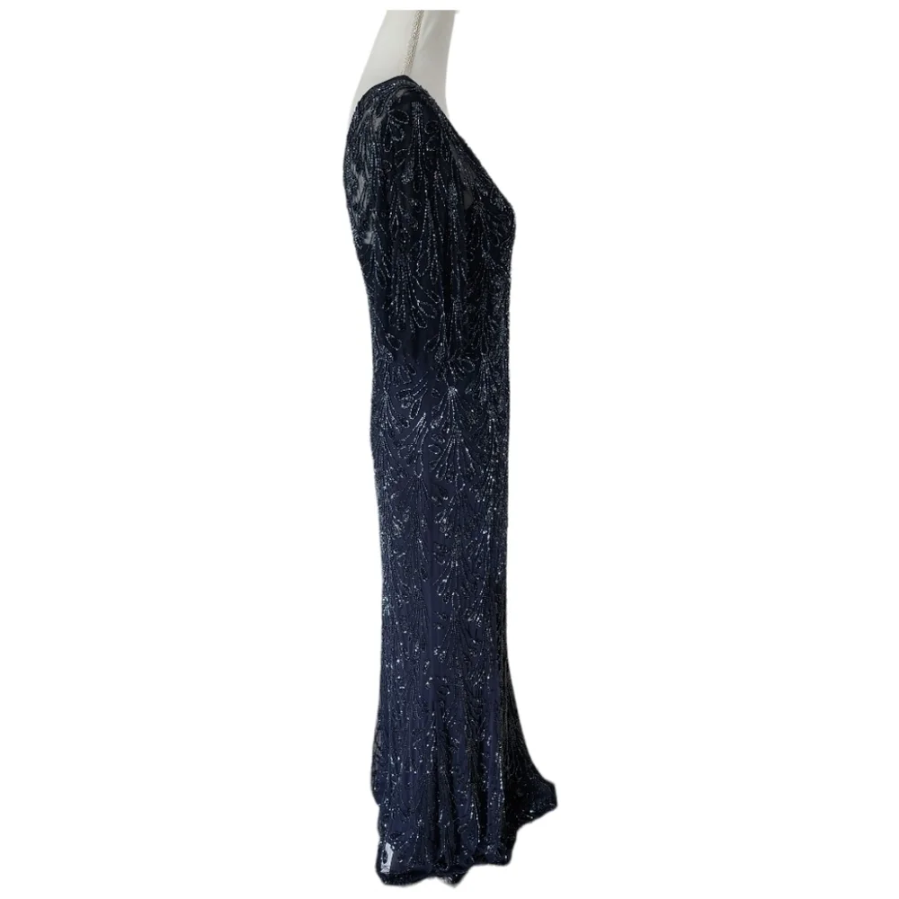 Aidan Mattox $550 NWT Beaded V-Neck Sheath Evening Gown Navy Blue, size 6 - Picture 8 of 13